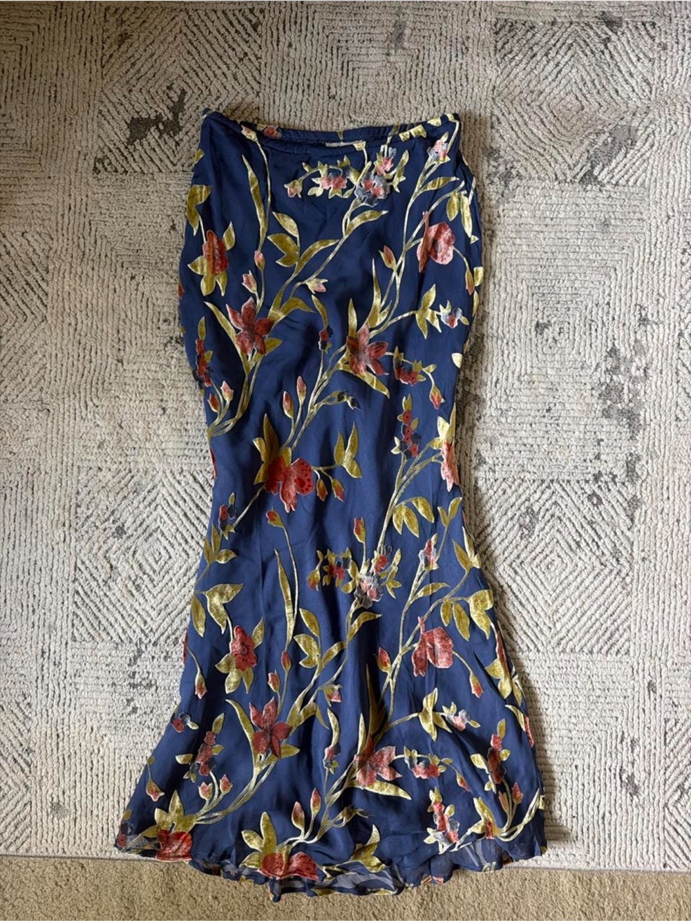 Aris A. Beautiful Blue maxi skirt with crush velvet florals